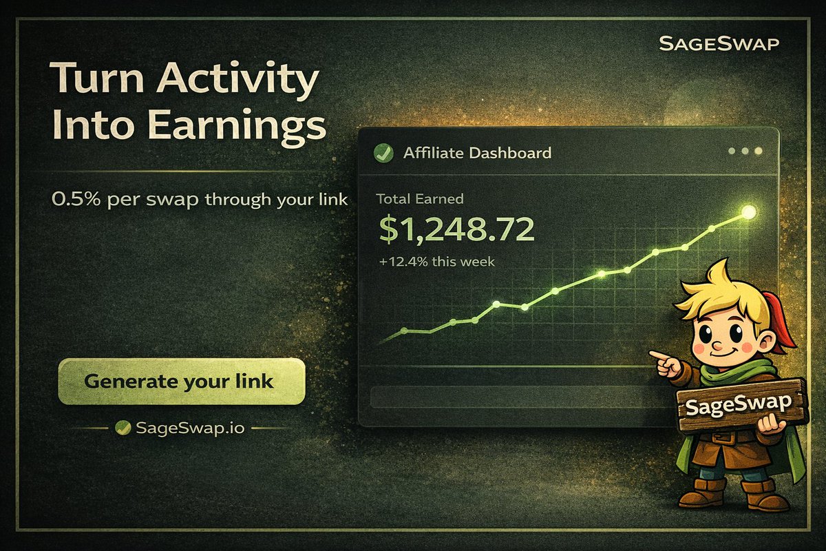Your crypto network can do more than just trade.

SageSwap enables users to earn 0.5% on every swap made through their referral link, turning connections into passive revenue.

Generate your link in seconds: sageswap.io/affiliate/login

#CryptoWealth #Affiliate #DeFi #SageSwap