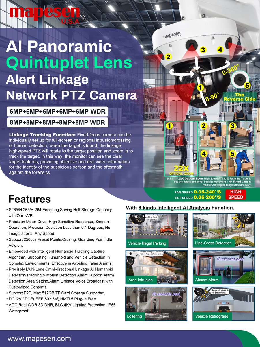Blind spots in your security?
5 ultra HD lenses panoramic view, NO missed details. 
22X zoom + AI tracking locks onto threats the second they appear. 
6 smart AI alerts keep you one step ahead of risks!#mapesen #SecuritySolutions #surveillance #CCTVCamera 
Contact: +8619926823411