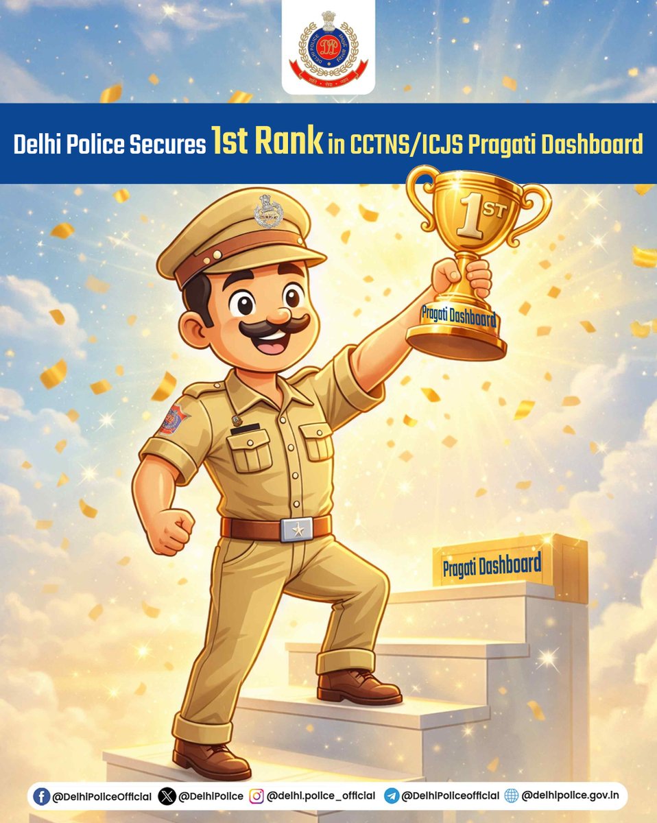 DelhiPolice's tweet photo. 🔹 फिर से No.1
देश में Infrastructure व CCTNS Database में दिल्ली पुलिस फरवरी महीने में पहले स्थान पर रही।
अब तक 4 महीने दिल्ली पुलिस टॉप पर रही है
@Ncrbhq के CCTNS/ICJS:Pragati Portal पर ये कामयाबी डिजिटल पुलिसिंग की दिशा में बड़ा कदम है

@PMOIndia
@HMOIndia
@LtGovDelhi https://t.co/Zs8buTN2ey