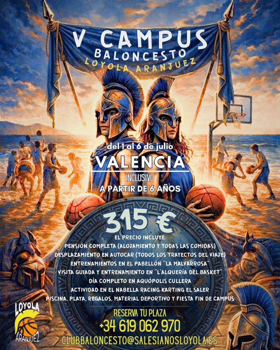 🏀 V Campus Loyola Aranjuez
📍 Valencia | 1-6 julio

💙 Inclusivo | +6 años
🔥 Basket, playa, Aquópolis, karting…

💸 315€ TODO incluido

📲 619 062 970
⚠️ Plazas limitadas

#123Loyola #Aranjuez