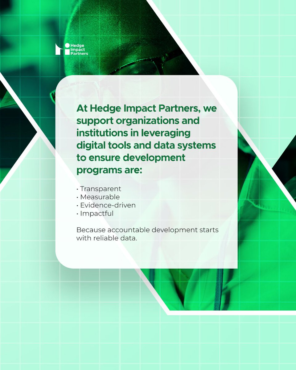 HedgeImpact's tweet photo. Accountable development requires more than good intentions, it requires reliable data and transparent systems.

At Hedge Impact Partners, we work with organizations and institutions to strengthen digital data systems that support transparent, evidence-based development. https://t.co/mM80DjQOmZ