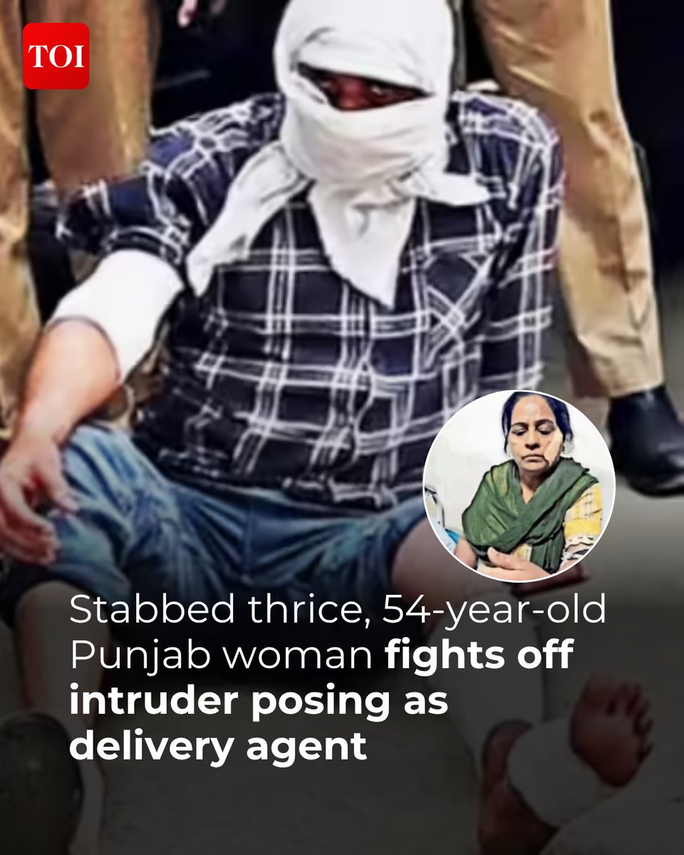 timesofindia's tweet image. A 54-year-old woman in #Punjab's #Mohali fought off an armed intruder who had allegedly barged into her home on the pretext of delivering a parcel. Stabbed thrice, Sushma Sharma kept grappling with the intruder, grabbed him by the neck and hurled him down.

More details