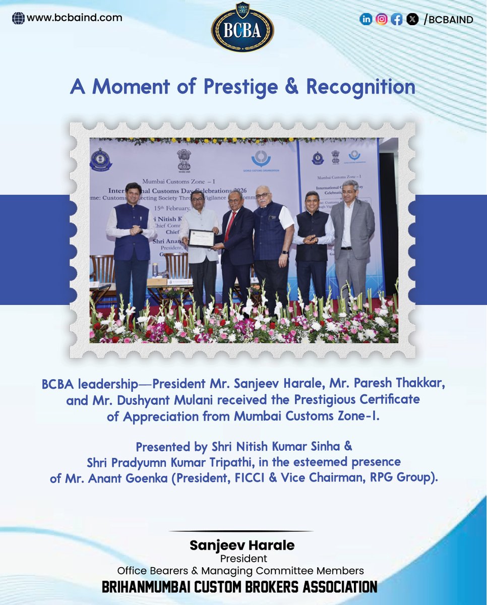 BCBA_IND's tweet photo. A proud milestone for BCBA.
BCBA leadership was honoured with a Certificate of Appreciation at New Customs House, Mumbai Zone I, by PCC Shri Nitish Kumar Sinha and Commissioner Shri Pradyumn Kumar Tripathi.
Key focus was on Trust-led collaboration, youth, women & skilling.
#BCBA https://t.co/IGHo4g4IlD