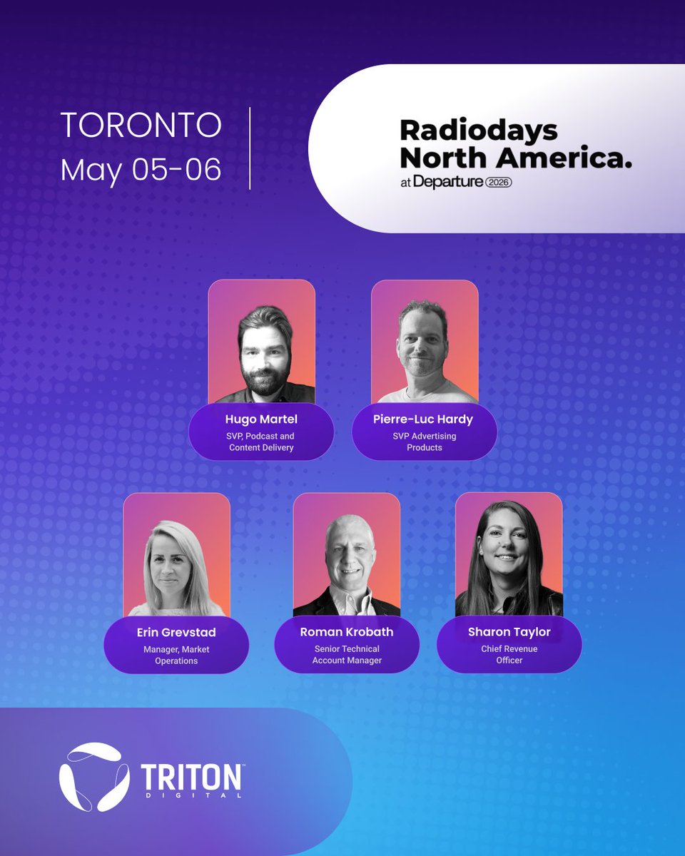 TritonDigital's tweet image. We’re excited to be heading to Radiodays North America in Toronto!

Join the Triton Digital team on May 5–6 to connect, share insights, and explore digital audio.
Looking forward to seeing you there!

#RadiodaysNorthAmerica #DigitalAudio #Podcasting #Radio #TritonDigital