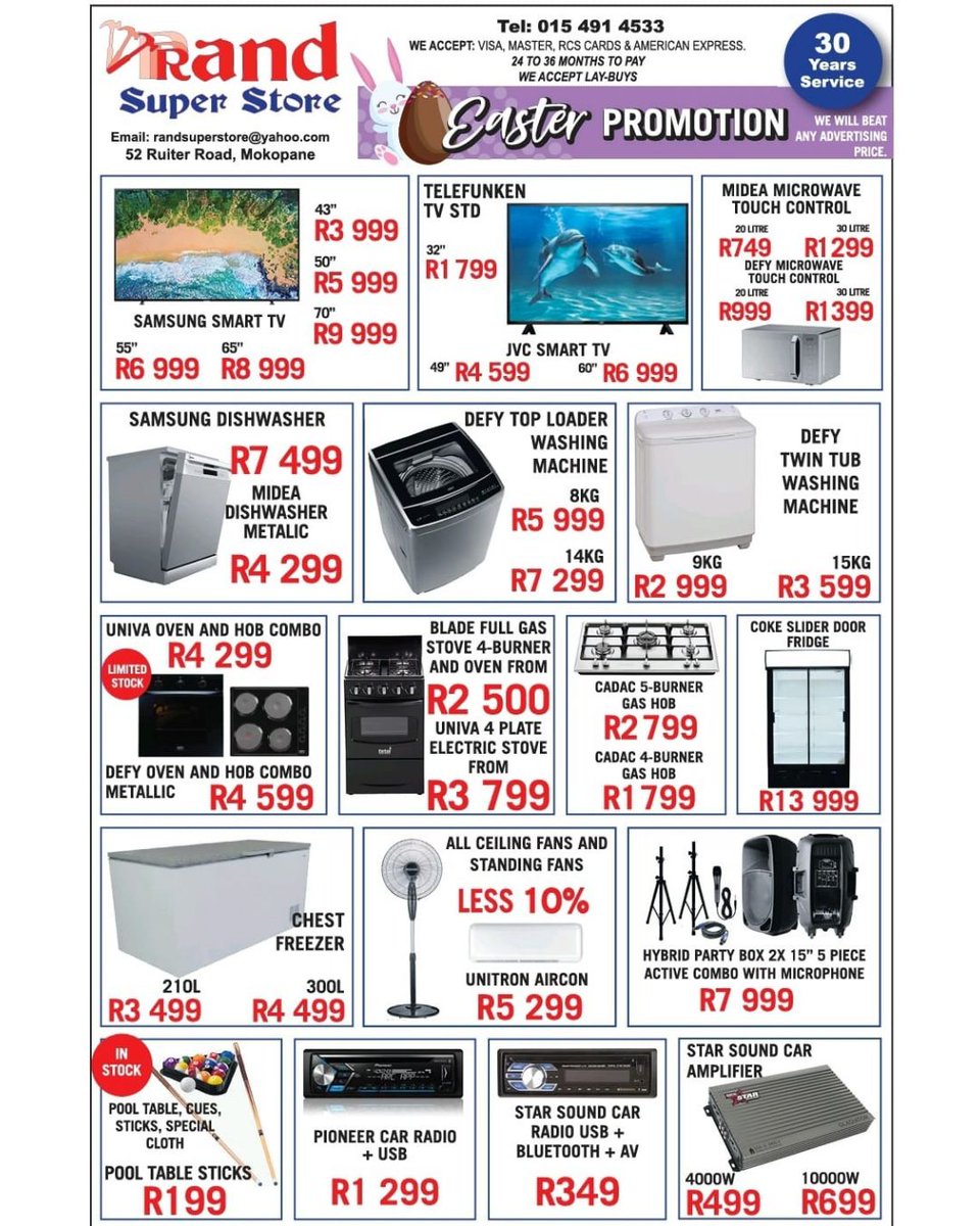 Pages_Potties's tweet image. 🚨 Easter Deals Now On! 🎉 Rand Super Store has incredible savings just for you - from smart TVs to kitchen essentials. Don’t miss out - visit us today at 52 Ruiter Road, Mokopane. #RandSuperStore #EasterDeals #ShopSmart