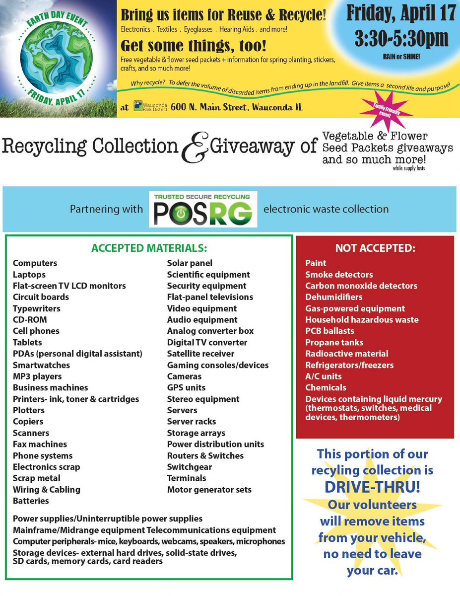 posrg's tweet photo. Save the date! The annual e-waste recycling event for #EarthDay is set for Friday, April 17! @WaucondaChamofC @WaucondaPark https://t.co/4ow3SLLJIH