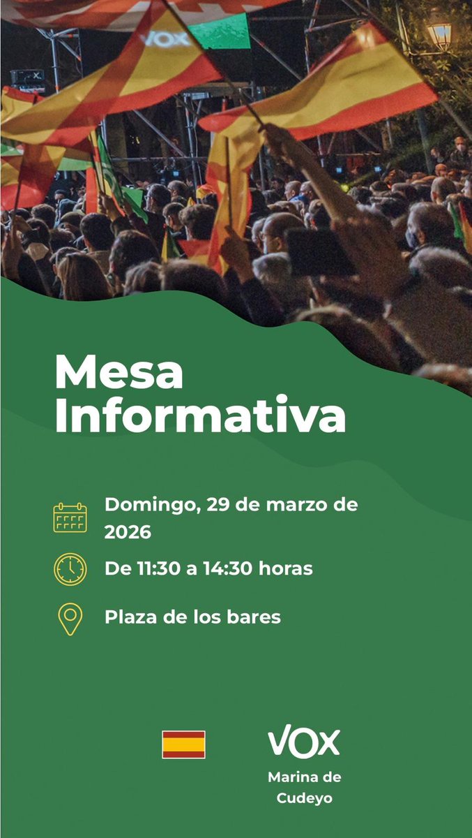 voxm_decudeyo's tweet photo. Venid todos a acompañarnos! Por España! Por Marina de Cudeyo! Por Elechas! 🇪🇦🇪🇦🇪🇦 https://t.co/7jPgqTzxVb
