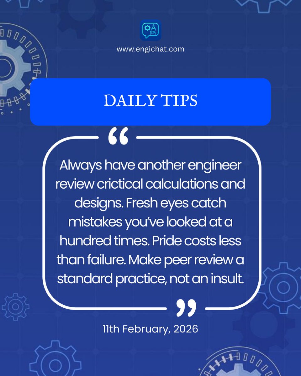 engichat's tweet photo. Some of the most costly engineering mistakes aren’t from lack of knowledge—they’re from missed details. A second set of eyes can be the difference between precision and failure. Smart engineers don’t just design… they verify.
#EngineeringTips #EngineeringAi #EngiChat https://t.co/k4aB2uZTYP