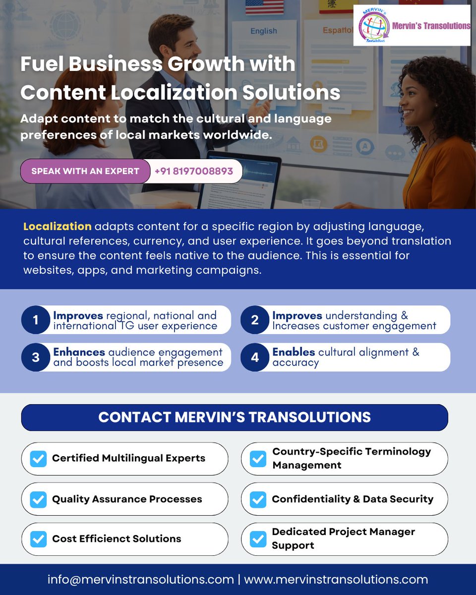 MTransolutions's tweet photo. Businesses that adapt their content to local language, culture, and user preferences connect better with audiences and build stronger global brands.

Speak with our Experts today and make your brand resonate worldwide.

#MervinsTransolutions  #GlobalBusinessGrowth #India #APAC https://t.co/AIlGnpwaQb