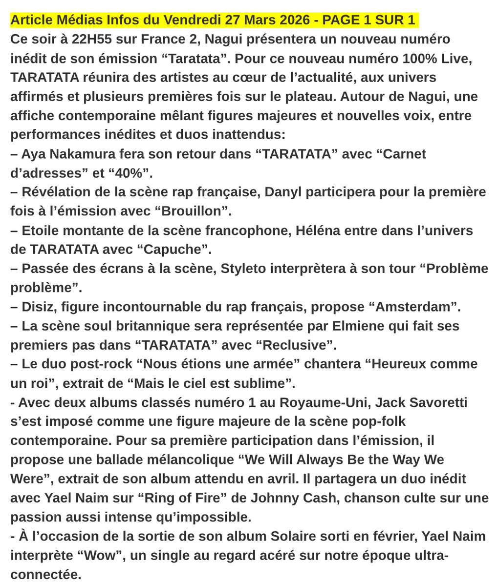 Mediasinfos's tweet photo. C'est ce soir à 22H55 sur #France2 que @Nagui présentera un tout nouveau numéro inédit de son émission #Taratata. @AyaNakamuraa #HélénaBailly #Styleto... Découvrez les invités dans notre article ci-dessous. https://t.co/QjzRmVosbU