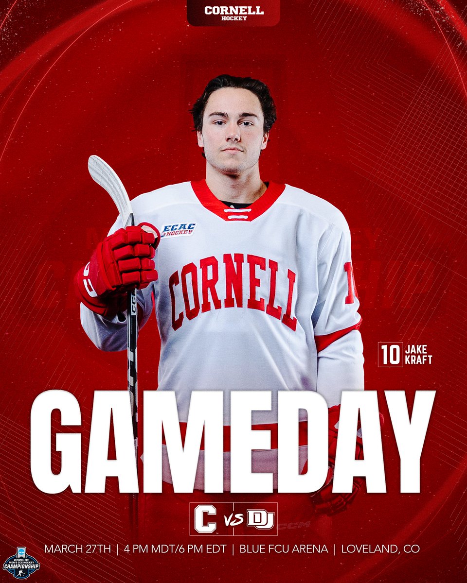 Tournament time 

🏒 NCAA Regional Semifinal
🆚 Denver 
⌚️ 4:00 pm MDT, 6:00 pm EDT
🏟️ Blue FCU Arena
📍 Loveland, CO
📺 ESPN+ 

#YellCornell