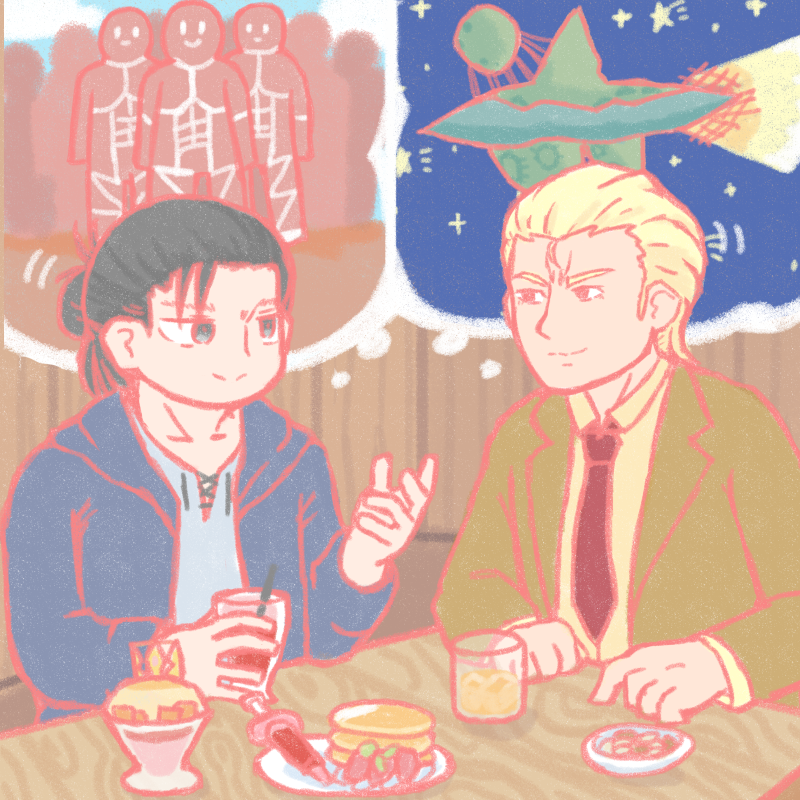 食事をしながら語り合う進撃の巨人のエレンとガンダムのシャアを描いたー(skeb依頼ありがとうございました)
人類を減らしたいオールバックの2人(?)ですね
散り際に情けない会話もします
