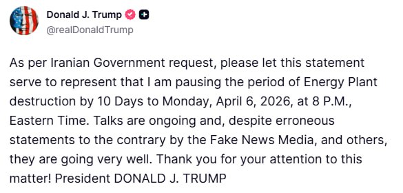 US BERHENTI SERANG INFRASTRUKTUR TENAGA IRAN SELAMA 10 HARI

Semalam Presiden US Donald Trump mengumumkan di True Social bahawa US akan menghentikan serangan dan memusnahkan loji tenaga Iran selama 10 hari sehingga 6 April 2026

Ini untuk memastikan rundingan gencatan senjata
