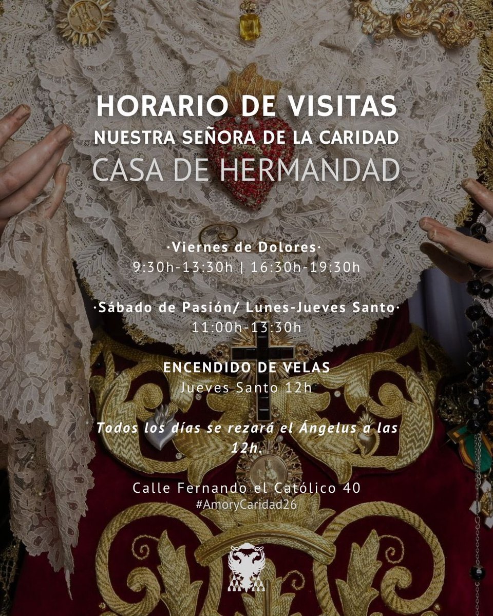 ⏱️ HORARIO DE VISITA 

❤️‍🔥 Desde hoy, Nuestra Señora de la Caridad se encuentra en veneración en su trono procesional. Podrá ser visitada hasta el Jueves Santo. 

La tienda de recuerdos de la Hermandad estará abierta. 

#CofradiasMLG #AmoryCaridad26