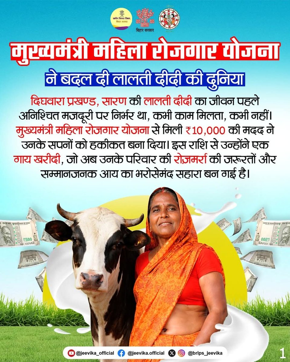 BiharRDD's tweet image. सारण की लालती दीदी ने हिम्मत नहीं छोड़ी बस एक मौका मिला और उन्होंने उसे थाम लिया।

मुख्यमंत्री महिला रोजगार योजना की मदद से लालती दीदी ने न सिर्फ अपनी आमदनी बढ़ाई, बल्कि अपने परिवार को एक सम्मानजनक जीवन दिया। 

#BiharRDD
#jeevika
#SuccessStory
#EconomicDevelopment