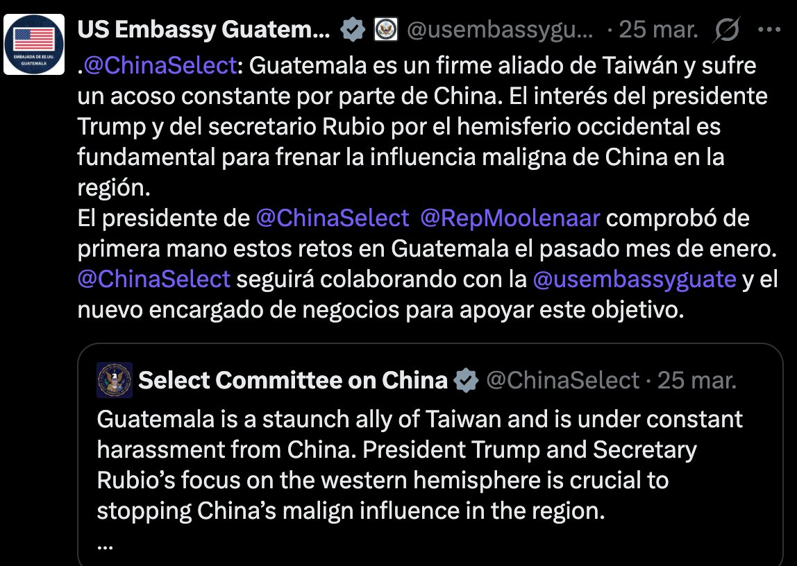 Factor4_GT's tweet photo. Mientras la embajada de EE. UU. en Guatemala advierte sobre el “acoso de China”, Trump elogia a Xi Jinping y anuncia cumbre en Beijing

#AsíLasCosas | Mientras la embajada de  EE. UU. en Guatemala habla del “acoso de China”, “influencia maligna”, periodistas presos y activistas silenciados en China, Donald Trump anunció que se reunirá en Beijing con el “muy respetado” Xi Jinping el 14 y 15 de mayo. La cita, pospuesta por la guerra en Irán, incluirá visitas recíprocas y es calificada por Trump como un evento “monumental”.