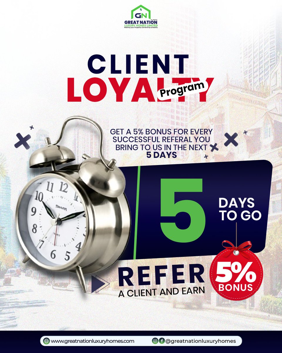 GreatH40923's tweet image. Only 5 days to go! ⏳

Don’t miss out on earning while you refer, bring a client and enjoy a 5% bonus on every successful deal. 🏡💰

Start referring today and secure your reward!

#ClientLoyalty #ReferralBonus #RealEstateNigeria #SmartEarnings #GreatNationLuxuryHomes