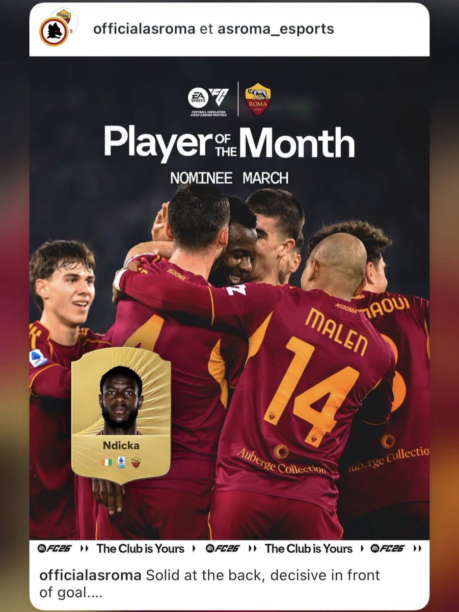 Evan Ndicka 🇨🇮 a été élu joueur du mois de l’AS ROMA. 👏