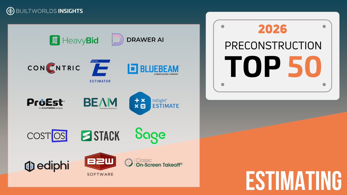 CostOSLLC's tweet photo. CostOS has been named to BuiltWorlds’ 2026 Preconstruction Top 50 🎉

Proud to be recognized among the technologies shaping the future of estimating. Thank you to our users and partners for being part of it.

#preconstruction #builtworlds #tech https://t.co/OANZRpnA0i