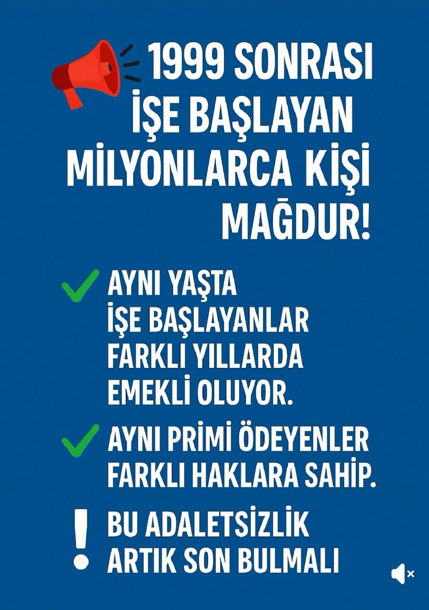 Emeklilik kutsal tarihle değil emeğe ve prime göre kazanılmalıdır.

Primi az olanın primi fazla olandan 17-20 yıl önce emekli olduğu SGK sistemi sürdürülemez

8.9.1999 sonrası sigortalılar için kademeli emeklilik istiyoruz
<a href="/avabdullahguler/">Abdullah Güler</a> 
#AdilKademeAnayasalHak
