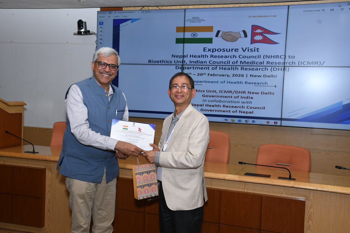 ICMRDELHI's tweet photo. DHR-ICMR hosted a high-level NHRC (Nepal Health Research Council) delegation on a 5-day bioethics exposure visit that strengthened collaboration in research ethics, governance &amp; capacity building, with key insights from DG, ICMR and senior leadership. https://t.co/6urdcHENEL