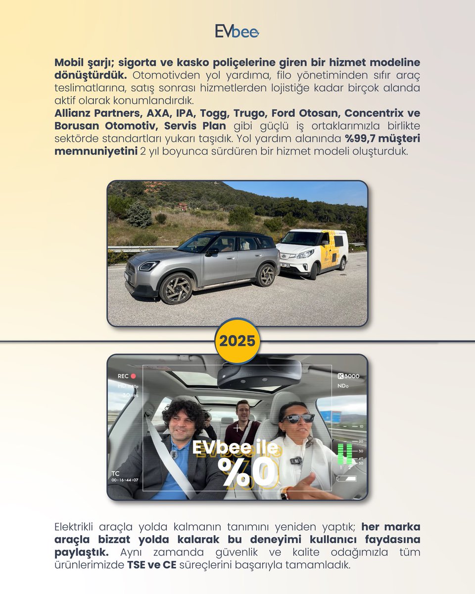 EVbee_charging's tweet photo. Bir Başarı Hikayesi & EPDK’dan Mobil Şarj Hizmeti Yönetmeliği ⚡️

2022'de e-mobilite ekosistemindeki önemli bir boşluğu doldurma vizyonuyla; halkın sermayesi ve Türk mühendisliğiyle yola çıktık. 🐝

🔋 Türkiye’de DC şarj yapabilen ilk mobil şarjları tasarladık, İmecar iş birliğiyle ürettik ve sahaya indirdik. Hem DC hem AC şarj sağlayabilen dünyanın ilk mobil şarj sistemini geliştirerek filomuzla aktif hizmet vermeye başladık.

🆘 6 Şubat 2023 depreminde prototip ürünümüzle sahada AFAD ve güvenlik güçlerine destek sağladık; bu deneyimle tüm araçlarımızı afet durumlarına uygun kabiliyetle donattık. Tüm araçlarımızın TSE ve CE süreçlerini başarıyla tamamladık.

🤝 Mobil şarjı sigorta ve kasko poliçelerine giren bir hizmet modeline dönüştürdük ve bu alanda %99,7 müşteri memnuniyetini 2 yıldır sürdürmeye devam ediyoruz. Otomotivden lojistiğe kadar birçok alanda aktif olarak konumlandık ve dünya devleriyle birlikte sektörde standartları yukarı taşıdık.

⭐ Her marka araçla bizzat yolda kalarak bu deneyimi kullanıcı faydasına tüm deneyimimizi paylaşıyoruz.

🏆 Ve bugün… 23.03.2026 tarihinde EPDK’nın yeni yönetmeliğiyle Mobil Şarj resmen tescillendi! Bu yolculuğun en önemli kilometre taşlarından birini görmek bütün uğraşlara değdi !

Büyüme yolculuğumuzun en önemli etkeni olan partnerlerimize, inovasyona ve emeğe değer veren EPDK'ya teşekkür ederiz. EVbee olarak, e-mobilitenin geleceğini geliştirmeye kararlılıkla devam edeceğiz.

#EVbee #MobilŞarj #EPDK #Emobilite #ElektrikliAraç #YerliTeknoloji #BaşarıHikayesi