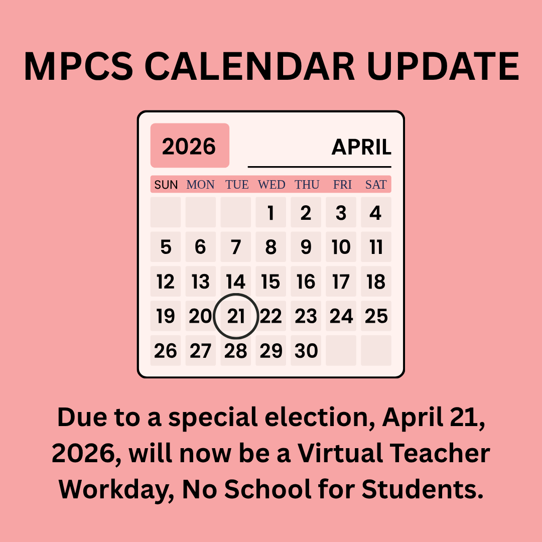 MPCSVA's tweet photo. The School Board for Manassas Park City Schools approved a calendar change in their meeting on March 25, 2026. Due to a special election, April 21, 2026, will now be a Virtual Teacher Workday, No School for Students.
Review the calendar here:
https://t.co/ZamZVE8iTT https://t.co/O9EPH3KcTy