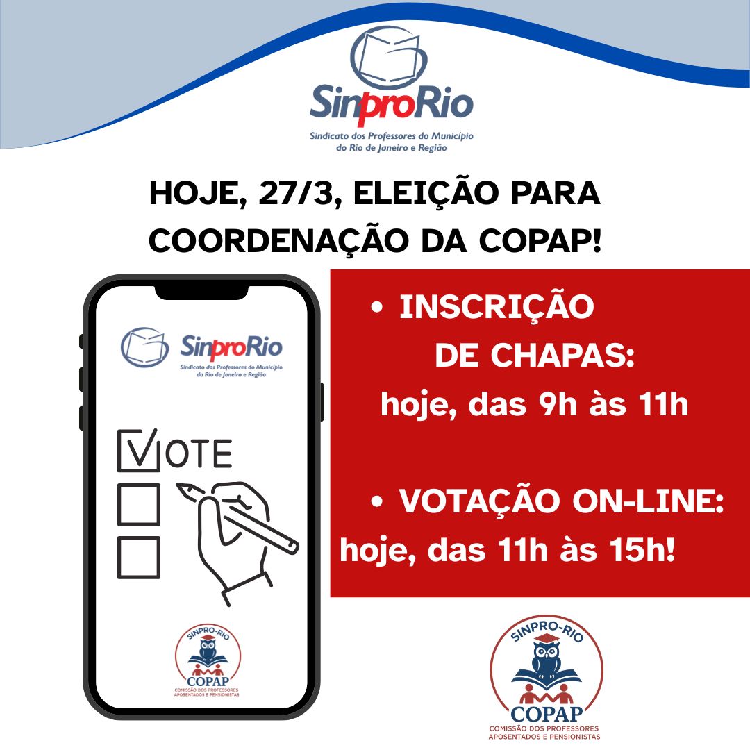 A votação on-line será das 11 horas às 15 horas de hoje, dia 27 de março. Para votar, basta clicar no botão de "VOTE AQUI!" dentro do link, durante o horário informado: sinpro-rio.org.br/principal/copa…