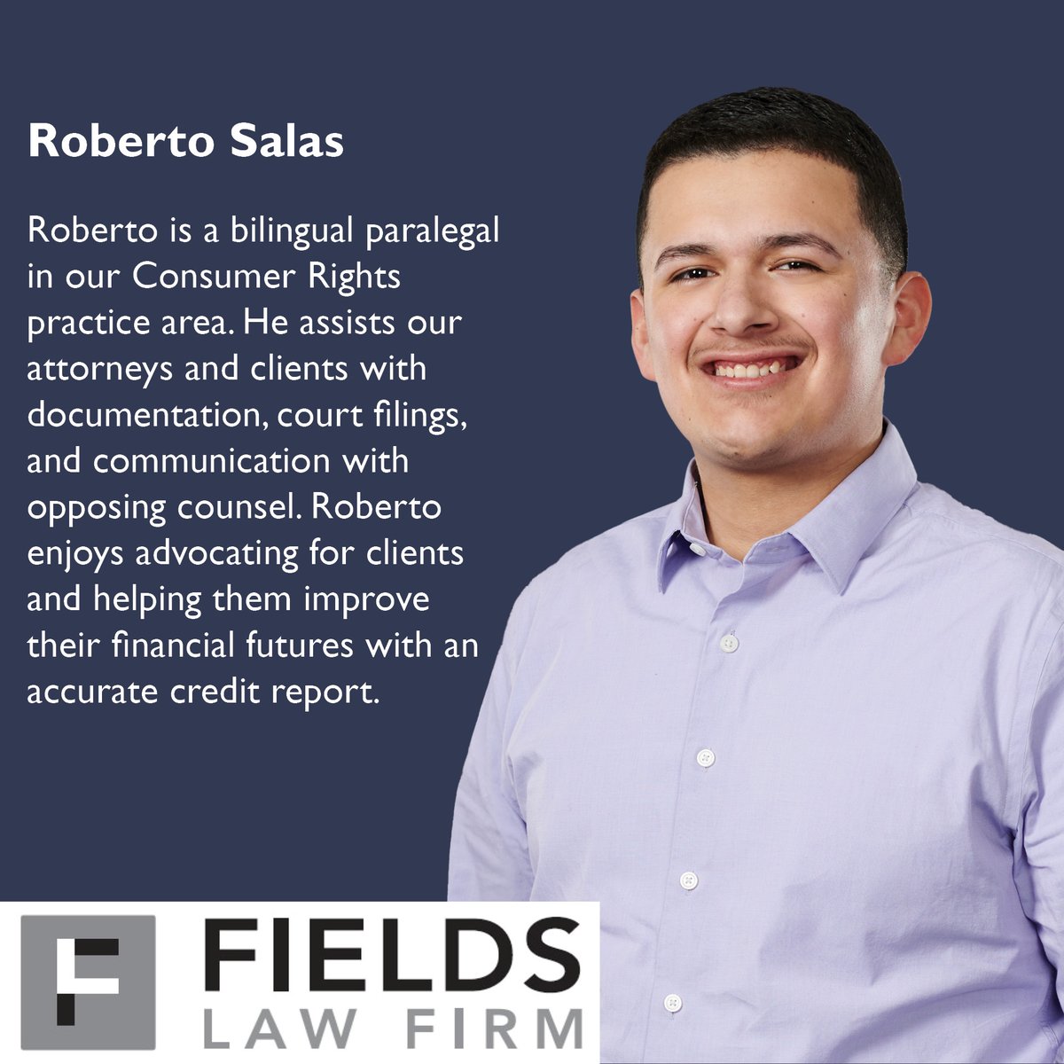 Fieldslawfirm's tweet image. Roberto Salas enjoys advocating for clients and helping them improve their financial futures with an accurate credit report.
#FieldsTeam #GetToKnow #Paralegal #LegalTeam #MeetTheTeam