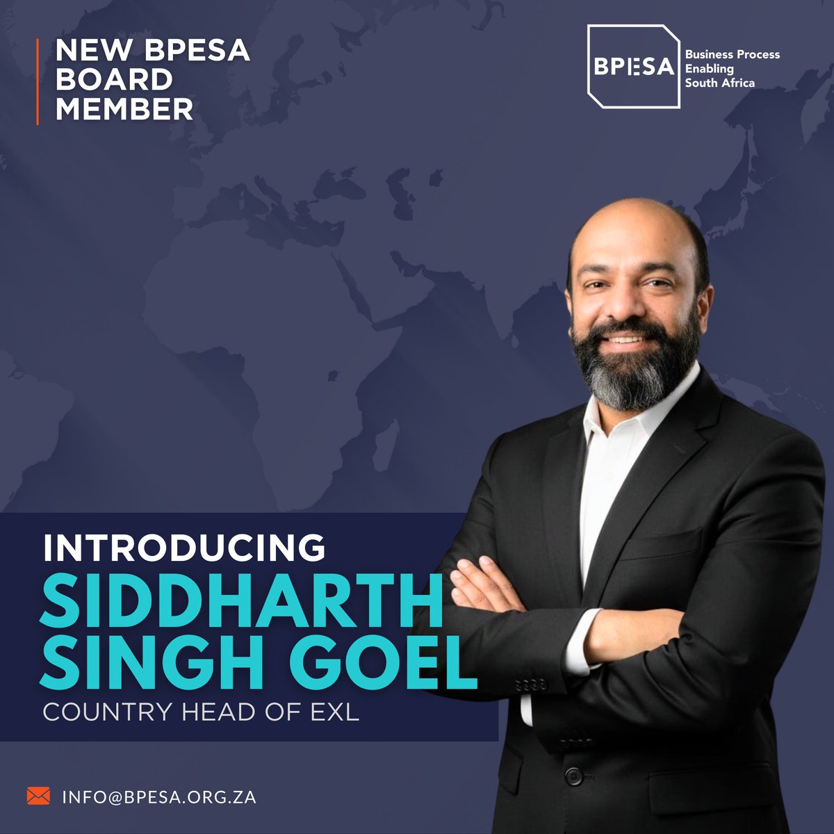 BPESA BOARD ANNOUNCEMENT | Siddharth Singh Goel, EXL SA

#BPESA welcomes Siddharth Singh Goel, Country Head of EXL South Africa, to its Board. A seasoned global leader, he brings deep expertise in #CX, digital &amp; AI-led transformation, and large-scale operations.