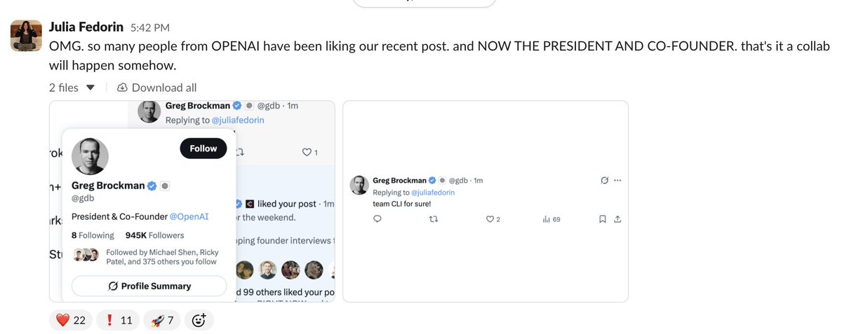juliafedorin's tweet image. When we were interviewing on the street, Quinn told me I should try to get more people to show up by posting on my X about what we are doing.

Little did we know that post would blow up thanks to @gdb co-founder and president from @OpenAI commenting.