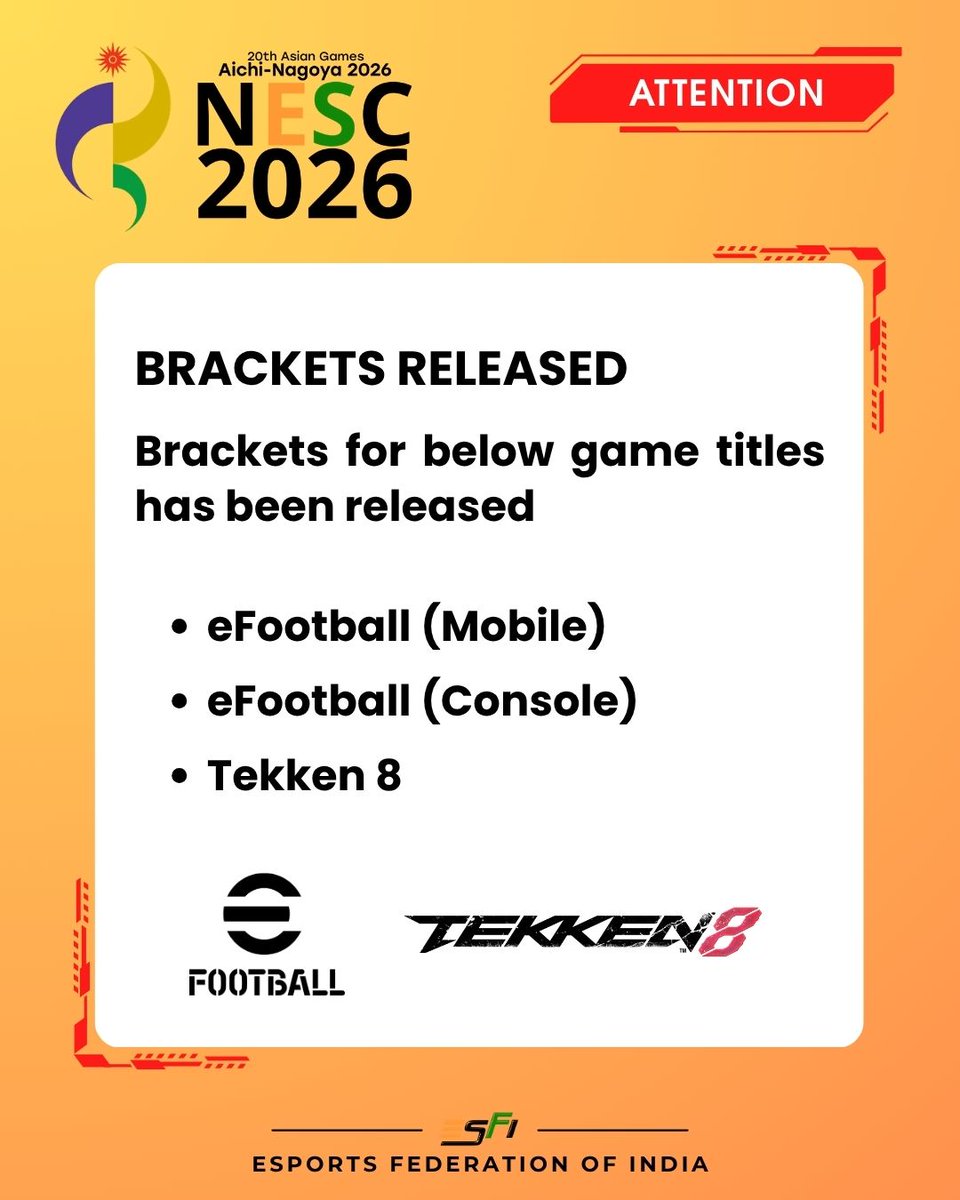 esfindia's tweet image. 🚨 Brackets for below game titles has been released🚨

- eFootball (Mobile) 
- eFootball (Console)
- Tekken 8 

linktr.ee/esfindia   

#brackets #efootball #tekken8 #RoadToAsianGames #AsianGames2026 #EsportsIndia #IndianEsports #TeamIndiaEsports #VideoGames