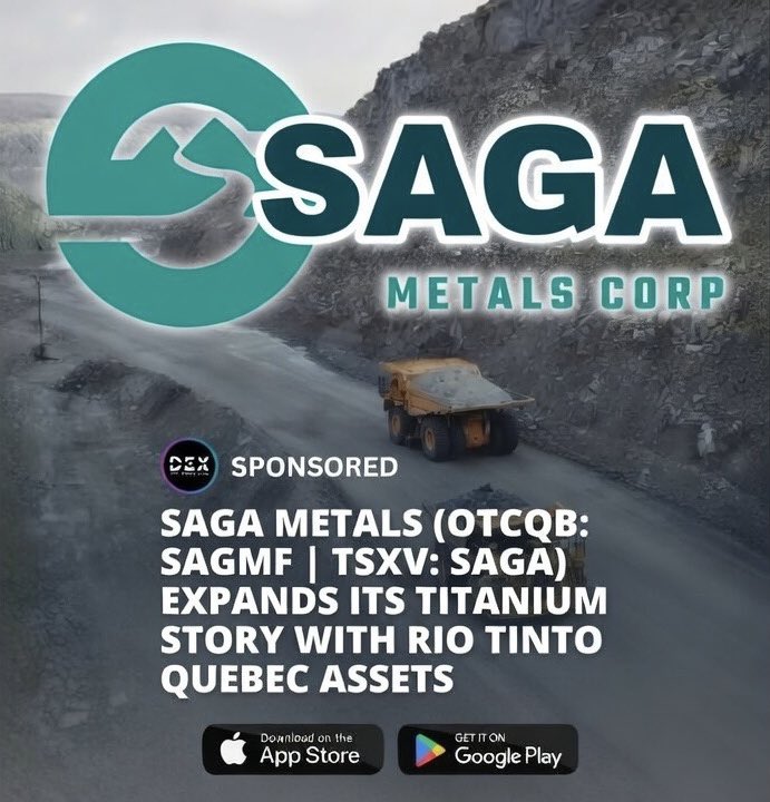 DEXWireNews's tweet photo. BREAKING: Saga Metals (OTCQB: $SAGMF | TSXV: $SAGA) just scored big titanium assets from Rio Tinto in Quebec.

⭐️ Sign Up for FREE @ https://t.co/2fND4wWVgm

📱 Download our Mobile App (iOS / Android) 

 🔗 https://t.co/n6n57FurOA 

The deal delivers 100 percent interest in 120 claims spanning 6,450.54 hectares near Havre-Saint-Pierre, Quebec, creating a powerful second titanium play alongside its Radar project.

Rio Tinto’s prior work has already advanced the Garneau property to a defined, soon-to-be drill-ready geophysical anomaly.

A standout highlight includes an ilmenite-rich boulder grading 65.1 percent Fe₂O₃, 32.4 percent TiO₂, and 2,260 ppm vanadium.

Meanwhile, Radar continues strong momentum with mineralization hit in all 36 of 36 drill holes, including 4,492 meters drilled in 2026 and 6,542 total meters in the maiden program.

Next catalysts: more Radar assays, progress toward a maiden resource, and growing market focus on Saga’s expanding Quebec-plus-Labrador titanium story.

#titanium #criticalminerals #quebecmining #sagametal #vanadium

SPONSORED — NOT FINANCIAL ADVICE 

*READ OUR FULL DISCLAIMER ON WEBSITE