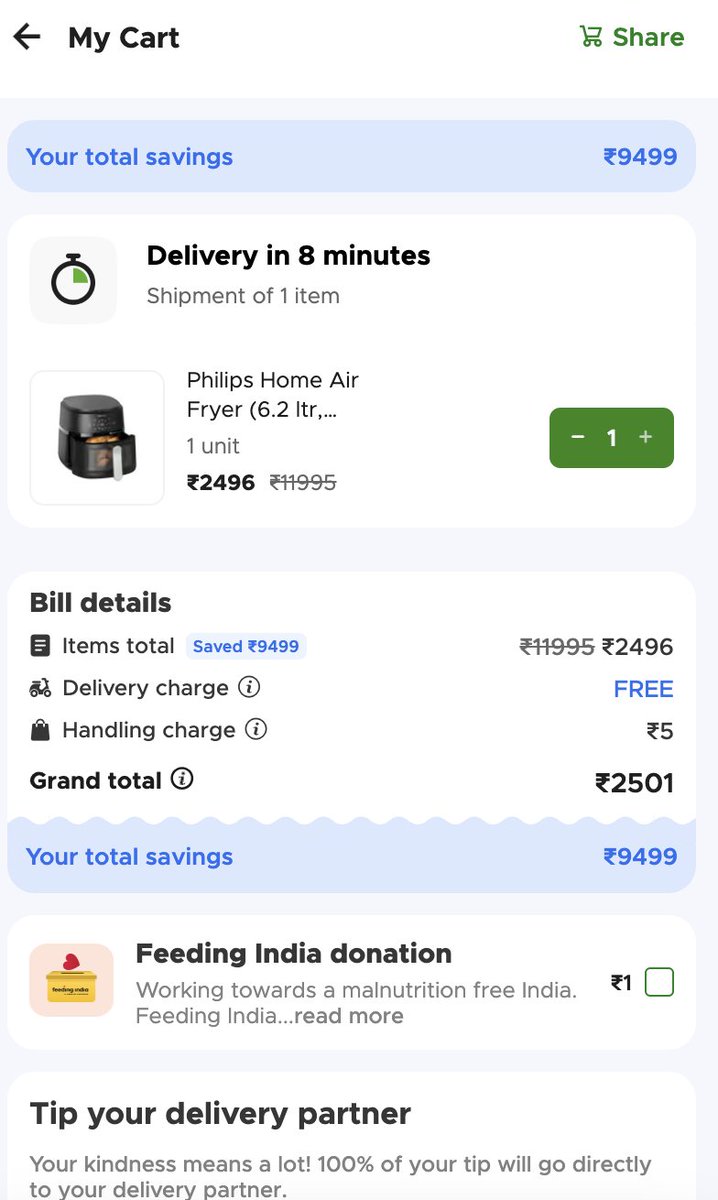 A 6.2L Philips air fryer just dropped to ₹2496 on Blinkit

Buy here : ddime.in/hygk

MRP ₹11,995. 80% off. Delivered in minutes.

💥 80% OFF — Yes, you read that right.
✅ Large 6.2L family size
✅ 1700W rapid air technology
✅ No oil, healthy cooking
⏰ Limited time
