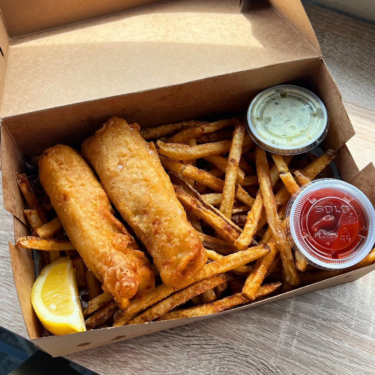 fish sticks rule 🎣

FISH &amp; CHIPS BOX
beer battered &amp; deep fried cod pieces, served with hand cut fries and tartar sauce.

* gluten-free
* limited # available today