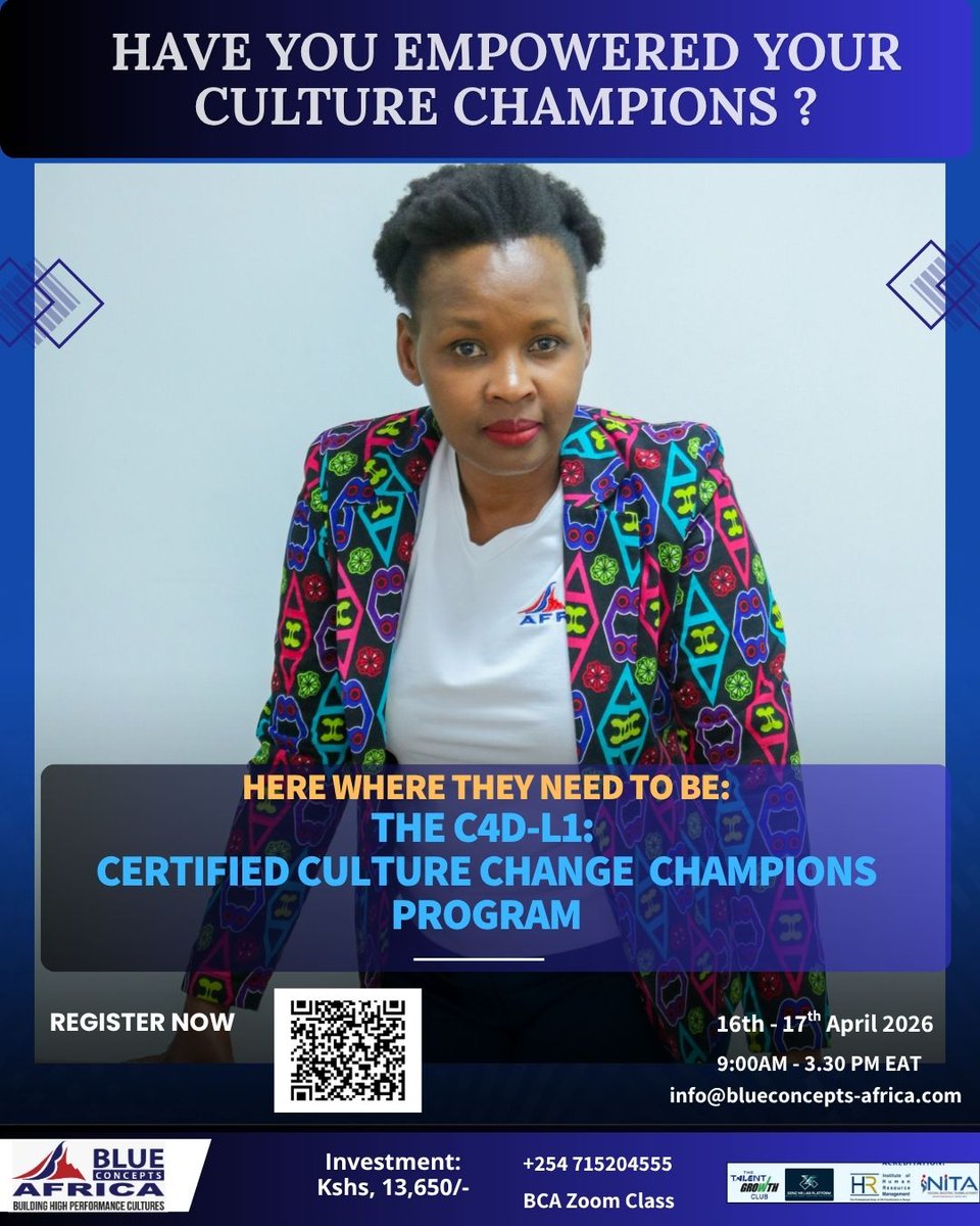 BlueConceptsAf's tweet photo. Wanted- Certified Culture Change Champions &amp; Leaders
70% of Org Culture Variances are driven by Leadership
35% of Org Leaders aren't able to Lead Culture 
A Sad Culture Leadership gap
You need C4D- L1 Program to Empower Leaders on Culture

 Register Here https://t.co/dalEYEdLS6 https://t.co/HzEHS1cpnm