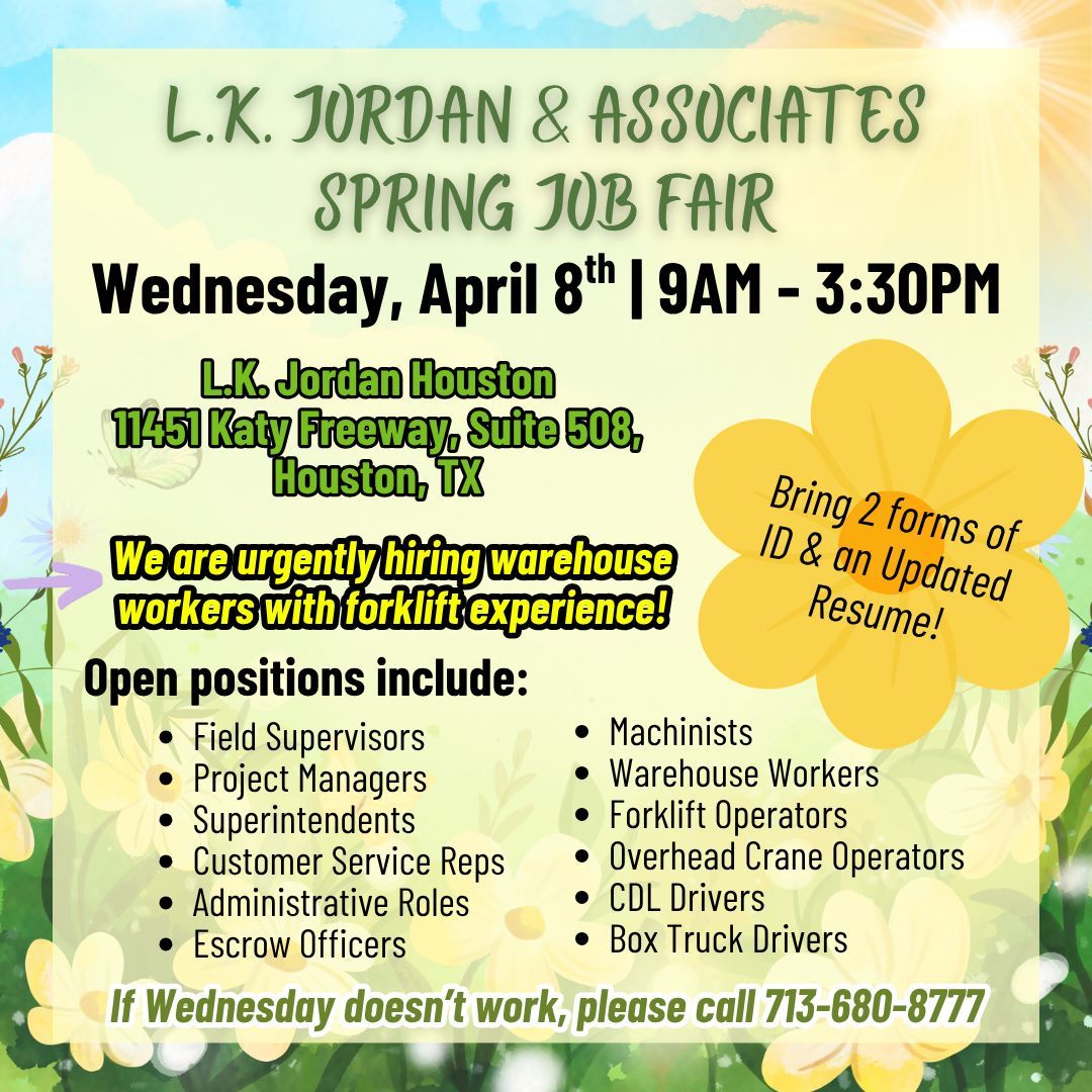 LKJStaffing's tweet photo. Don't miss our Houston Job Fair Wednesday April 8th! Bring 2 forms of your ID and an updated resume to get interviewed ON THE SPOT! #SpringJobFair #Houston #NowHiring #TempJobs https://t.co/NBH1rAT3rQ