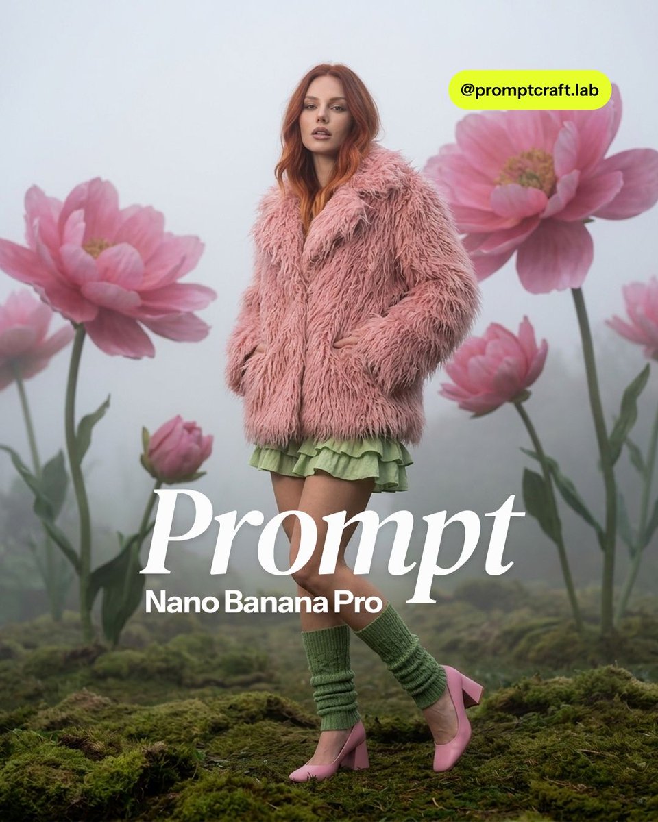 PromptcraftLab's tweet image. Lost in a beautiful, foggy dream! ✨ This AI fashion shot is giving us all the whimsical vibes. Grab this prompt for surreal fantasy lookbooks. #AIart #FashionFantasy