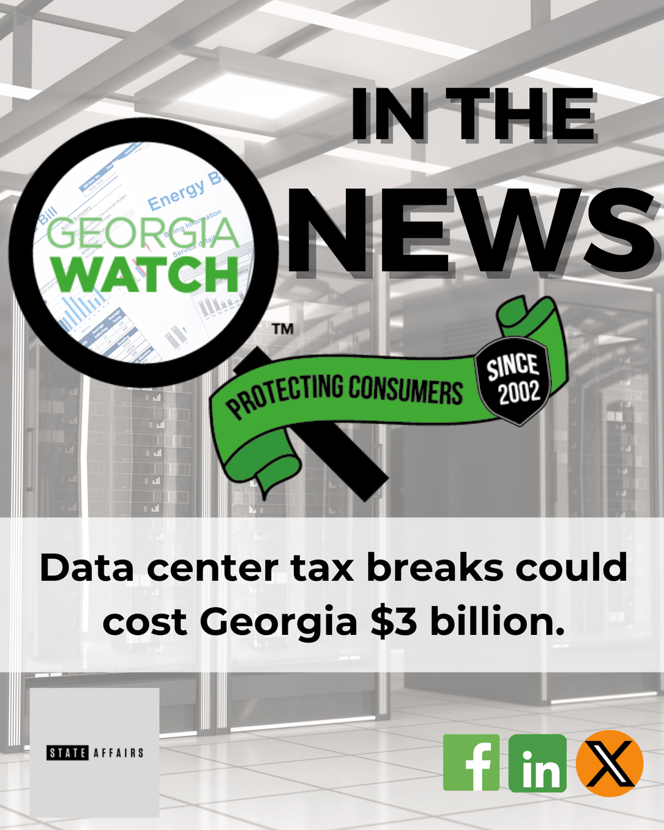 georgiawatch's tweet photo. As lawmakers head into the final days of legislative session, the future of data center tax breaks in GA remains uncertain. @LizCoyle2 spoke with Beau Evans about what’s at stake for Georgians. Read more: https://t.co/LWWRTJ6kjy
 #GAPOL #ConsumerProtection #EnergyAffordability https://t.co/Bmh20SgN3Z