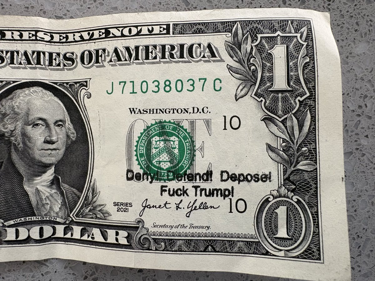 UNCPam's tweet photo. @JamieBonkiewicz This is how I prefer to see his name on currency. (I received this as change at the grocery store. I did not stamp the bill.) https://t.co/1Czm48KjuQ