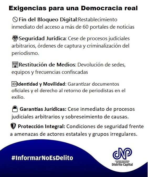 #27Mar Ante propuestas de diálogo, reafirmamos: no hay democracia sin libertad de prensa. Presentamos exigencias para el restablecimiento del periodismo en Venezuela:

📍Fin del bloqueo digital 📍Cese de judicialización 📍 Restitución de medios 

#InformarNoEsDelito  #CNPCaracas