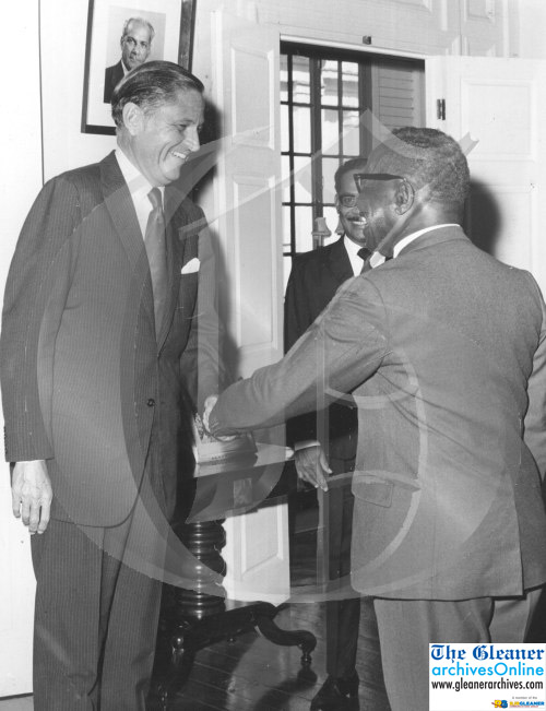 GLNRArchives's tweet photo. #PhotoFlashback: March 27, 1973
Governor General Sir Clifford Campbell (right), receiving Vincent DeRoulet, American Ambassador at King's House in February, when Mr. DeRoulet was among diplomats who paid farewell calls on Sir Clifford on the eve of his retirement. https://t.co/pxU4NpWNRi