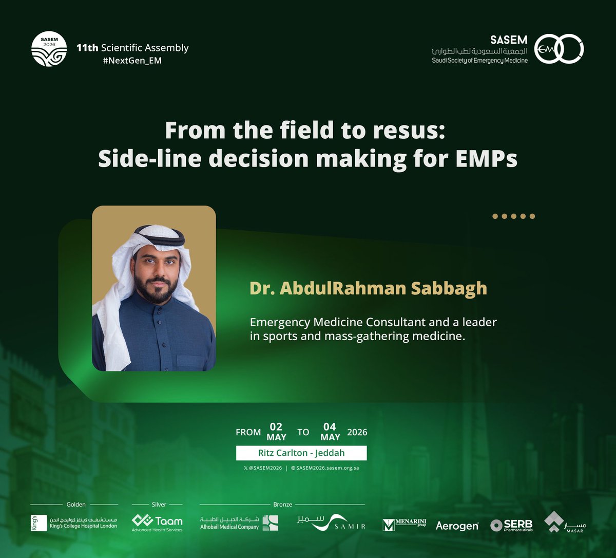 sasem2026's tweet photo. Sideline decisions can change everything⚡️🏋️

Dr. Abdulrahman Sabbagh breaks down how to spot time-critical sports injuries, make the call, and activate EMS without hesitation 👏🏼

#SASEM2026 
#NextGen_EM https://t.co/oxs0fGfe0J
