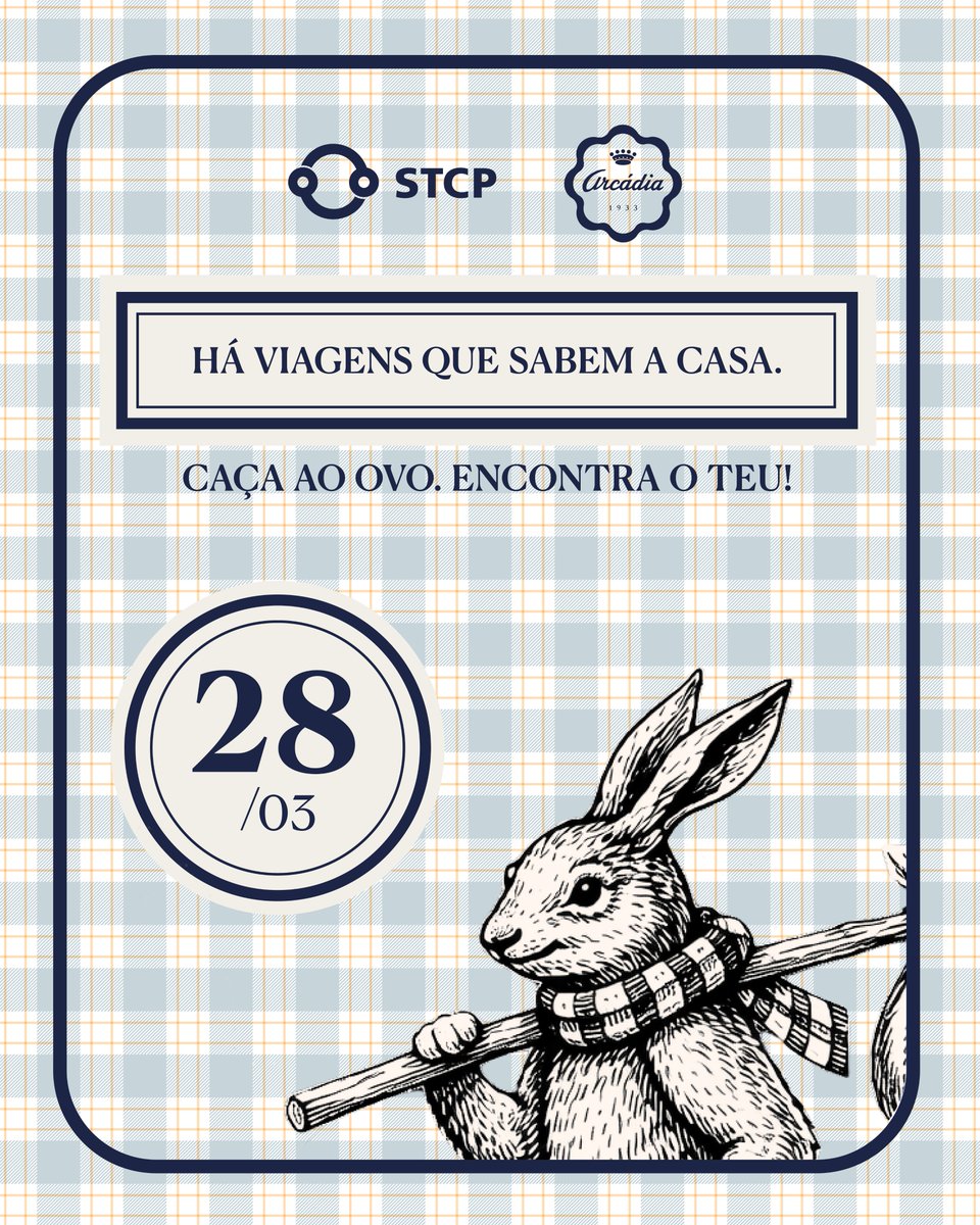 🐣 A Páscoa está a chegar!

A STCP junta-se à Arcádia para uma caça aos ovos… dentro de um autocarro! 🚌🍫

📅 28 março
⏰ 10h–13h | 14h30–18h
📍 Largo Amor de Perdição, Porto

Temos encontro marcado?