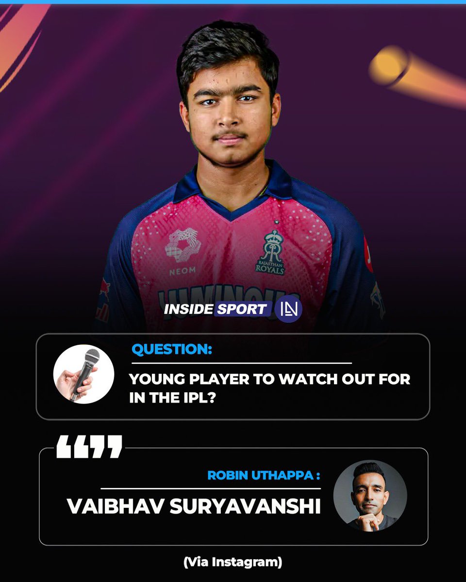 InsideSportIND's tweet photo. Robin Uthappa picks Vaibhav Suryavanshi as his breakout youngster for IPL 2026 🌟🏏
#RobinUthappa #VaibhavSuryavanshi #IPL2026 #Insidesport #CricketTwitter https://t.co/6c1COvejmB