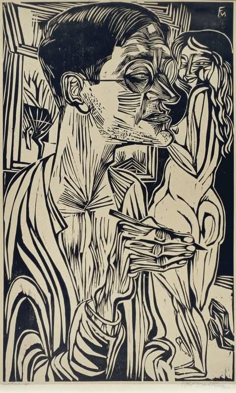 In memory of Conrad Felixmüller (21 May 1897 Dresden - 24 March 1977 Zehlendorf Berlin), was a German expressionist painter and printmaker. 

"Self-portrait with &amp;ude", (1924). 
Woodcut print on paper, 54,5 cm x 33,2 cm. 

Private collection

* Tap the image for full view.