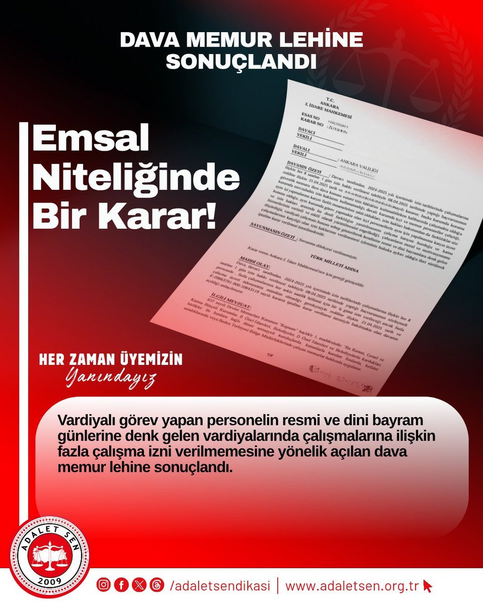 GSYSEN's tweet photo. 📢 Emsal Niteliğinde Önemli Bir Kazanım!

Vardiyalı görev yapan personelin, resmi ve dini bayram günlerine denk gelen çalışmalarında fazla mesai hakkının verilmemesine karşı açılan dava, üyemiz lehine sonuçlanmıştır.

Bu karar; haklı mücadelemizin bir göstergesi olduğu gibi, benzer durumda olan tüm çalışanlar için de emsal niteliği taşımaktadır.

Adaletin ve emeğin yanında durmaya, üyelerimizin haklarını kararlılıkla savunmaya devam edeceğiz.

🤝 Her zaman üyemizin yanındayız!

#AdaletSen #HakMücadelesi #EmsalKarar #Sendika #Emek #Adalet #gsb #kyk