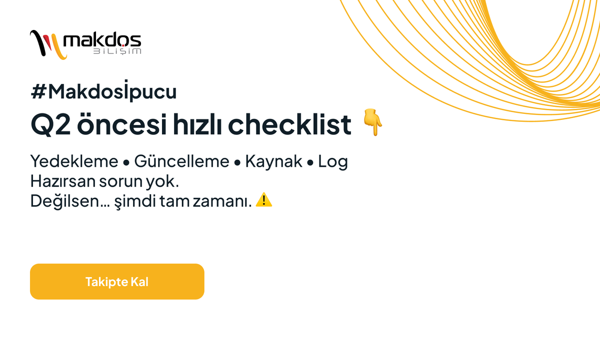 makdoscloud's tweet photo. Q2’ye geçmeden önce teknik ekibin kontrol etmesi gereken 4 kritik konu 👇
✔ Yedeklemeler
 ✔ Güncellemeler
 ✔ Kaynak kullanımı
 ✔ Log &amp; alarm sistemleri
Hazırlığını şimdi yap, sorunları sonra yaşamazsın. ⚙️
#Makdosİpucu #SysAdmin https://t.co/0Yb5Ocefvn