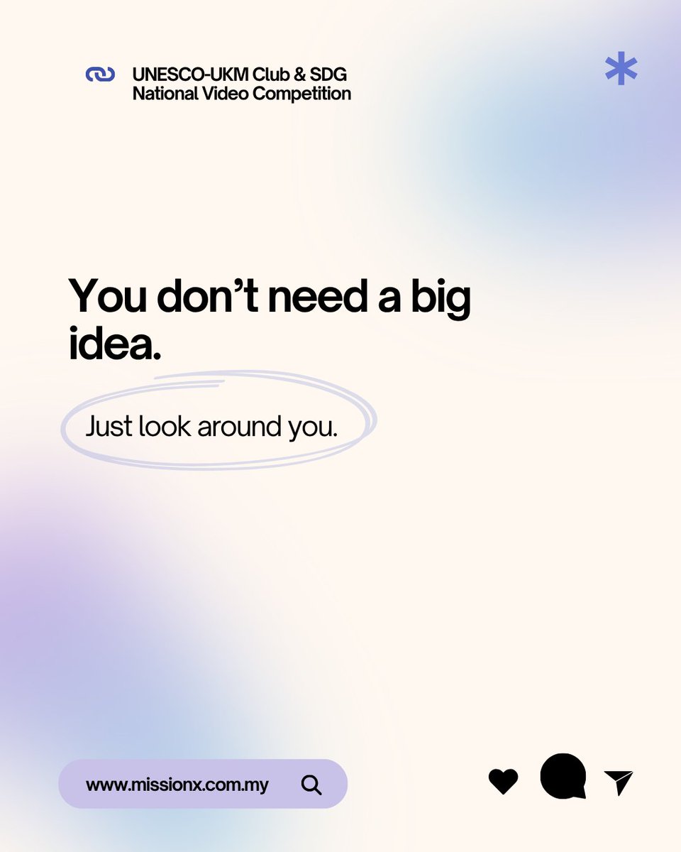 MissionXMy's tweet photo. 🎬 FROM VISION TO ACTION
🌍 UNESCO–UKM Club &amp; SDG National Video Competition

Not sure what to film?

Start with simple problems around you,that’s already your SDG story.

No need fancy editing.
Just a clear message. https://t.co/nsSn5jo56x