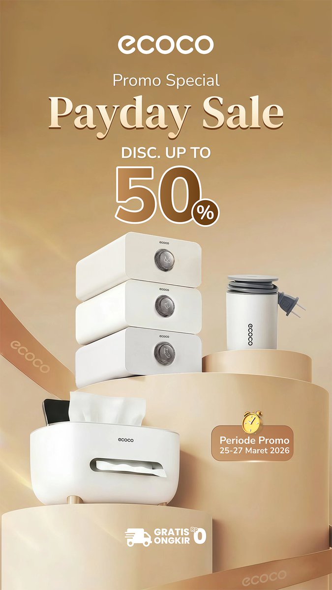ecocoindonesia's tweet image. 𝗟𝗔𝗦𝗧𝗗𝗔𝗬 𝗣𝗔𝗬𝗗𝗔𝗬 𝗦𝗔𝗟𝗘 

yuk checkout sekarang juga! 
✨Discount up to 50%
✨Gratis Ongkir
✨24 - 27 Maret 2026 

shopee : shopee.co.id/ecoco_indonesia
tiktokshop : tiktok.com/@ecocoindonesia #ecoco
